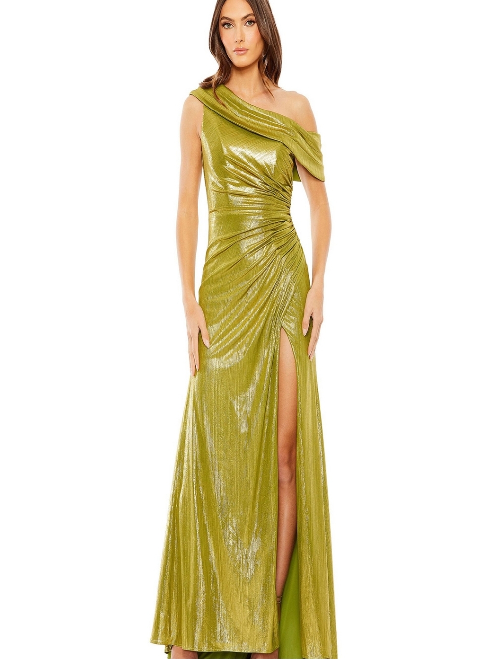 Mac Duggal Metallic Olive One-Shoulder Ruched Maxi Gown